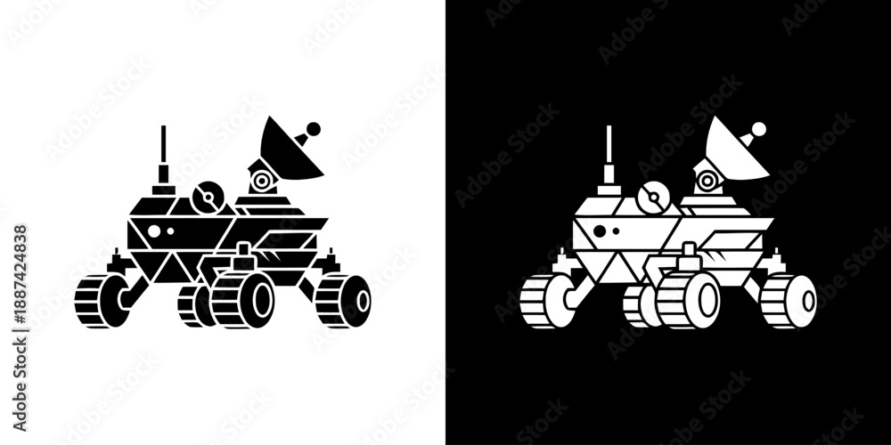 Naklejka premium Black and white robotic rover vehicle on white and black backgrounds.