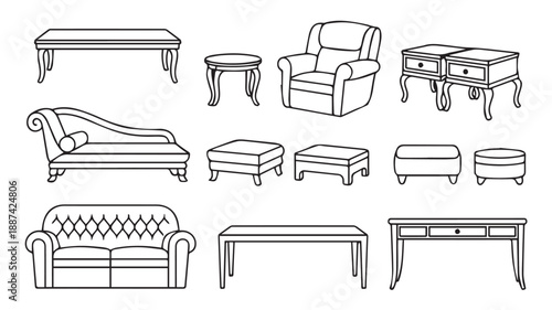 Elegant black and white line drawing illustrations featuring classic furniture, including sofas, armchairs, tables, and ottomans, perfect for vintage interior design concepts