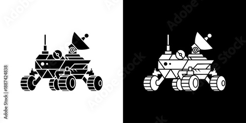 Black and white robotic rover vehicle on white and black backgrounds.