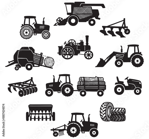 Collection of agricultural machinery icons including tractors, combine harvesters, plows, and balers.