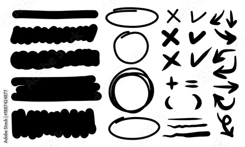 Set of hand drawn elements for selecting text.Hand drawn frames, circle and arrows on white background.  