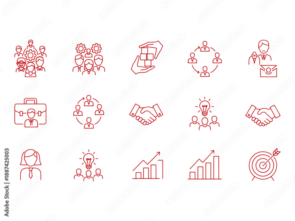 Obraz premium A set of minimalist red line icons illustrating business concepts like teamwork, meeting, and success, isolated on a white background.