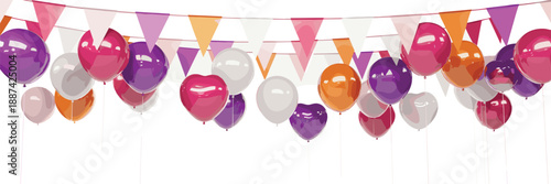 Colorful party balloons and festive bunting flags decoration, celebration background isolated on white, birthday event, joyful holiday 3d illustration