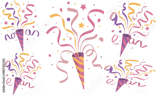 Colorful party poppers with confetti ribbons and stars, festive celebration illustration, birthday event decoration set, isolated on white background
