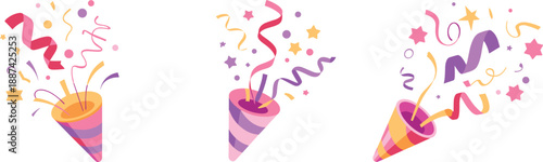 Colorful party poppers with confetti ribbons and stars, festive celebration illustration, birthday event decoration set, isolated on white background