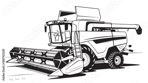 Clean black and white line art illustration depicting a powerful combine harvester, a vital piece of modern agricultural machinery for efficient crop harvesting