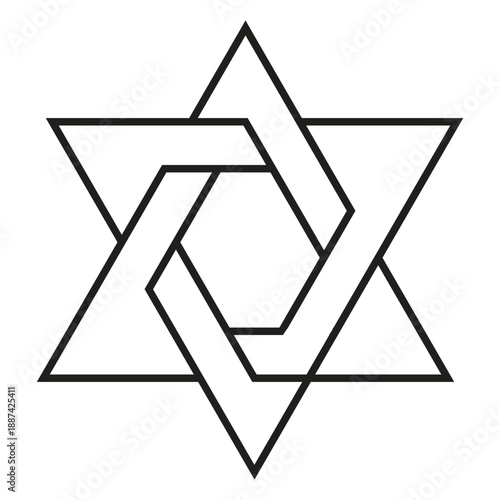 This black and white geometric illustration depicts a six-pointed star, commonly recognized as the Star of David. It is formed by two overlapping equilateral triangles, with the lines creating