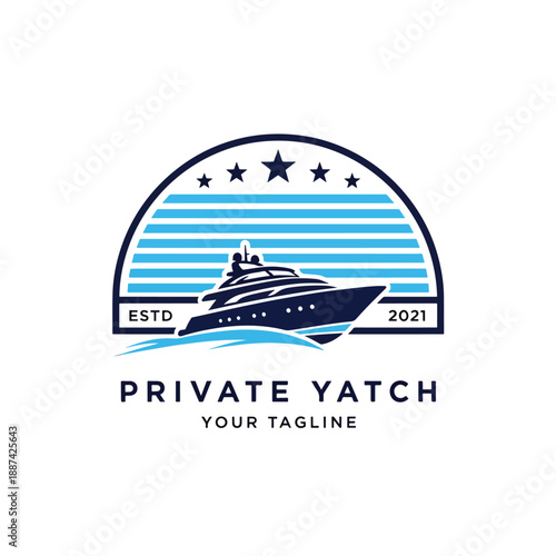 Luxury Yacht Cruising Ocean Waves Emblem Design Vector Illustration with Nautical Stars and Stripes