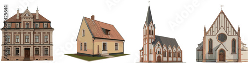 European architectural buildings collection with historic townhouse, residential house, traditional churches, isolated white background, classic architecture styles illustration