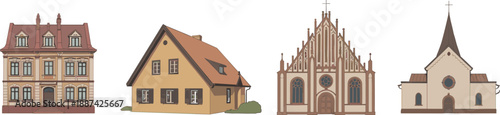 European architectural buildings collection with historic townhouse, residential house, traditional churches, isolated white background, classic architecture styles illustration
