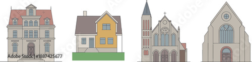 European architectural buildings collection with historic townhouse, residential house, traditional churches, isolated white background, classic architecture styles illustration