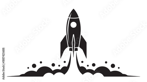 A black and white minimalist line art illustration of a rocket launching into space, leaving a trail of smoke