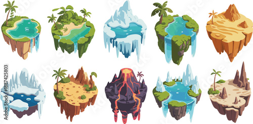 Fantasy floating islands collection with waterfalls, volcanoes, deserts, mountains and tropical landscapes isolated on white background illustration set