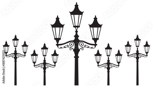 Elegant black and white silhouette illustration showcasing a collection of vintage street lamps with ornate posts, perfect for decorative urban and old-world design projects