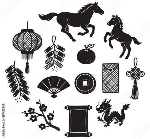 Collection of Chinese New Year symbols and icons in black and white silhouette style.