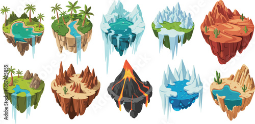 Fantasy floating islands collection with waterfalls, volcanoes, deserts, mountains and tropical landscapes isolated on white background illustration set