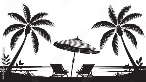 Timeless black and white silhouette illustration of a serene tropical beach, featuring elegant palm trees, relaxing chairs, and a classic umbrella by the tranquil ocean