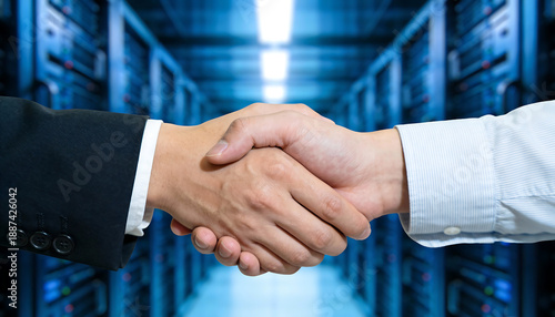 Close up handshake in modern data center server room corridor technology partnership cybersecurity cloud computing network infrastructure it services business agreement