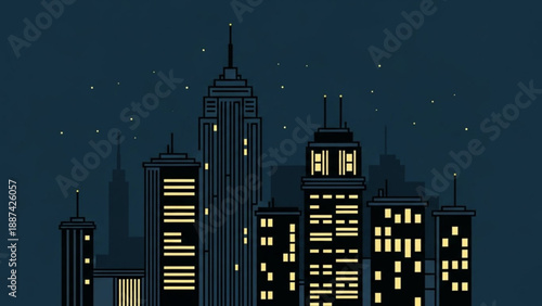 City Skyline at Night with Illuminated Skyscrapers and Stars