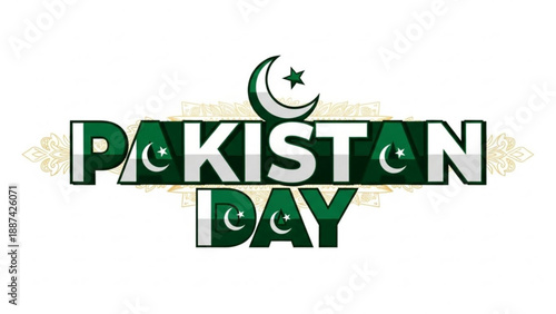 Pakistan Day Celebration with Green White Text and Crescent Moon