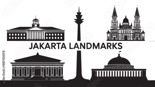 A collection of iconic architectural landmarks presented as striking black and white silhouettes, ideal for illustrating diverse global cityscapes and urban travel concepts