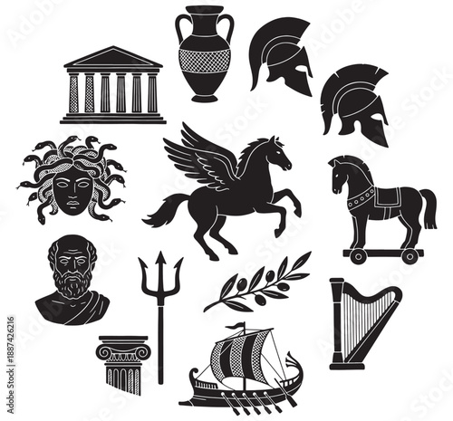 Collection of Ancient Greek Mythology Symbols and Icons.