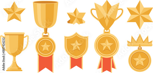 Golden trophies, medals and award icons collection isolated on white background, achievement success prize winner celebration illustration set