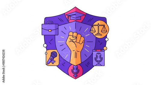 Raised Fist Clenched on Purple Shield with Justice Symbols and Badges