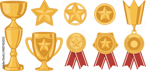 Golden trophies, medals and award icons collection isolated on white background, achievement success prize winner celebration illustration set