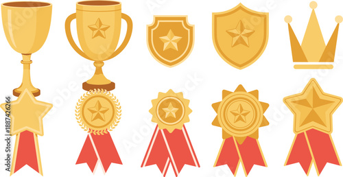 Golden trophies, medals and award icons collection isolated on white background, achievement success prize winner celebration illustration set