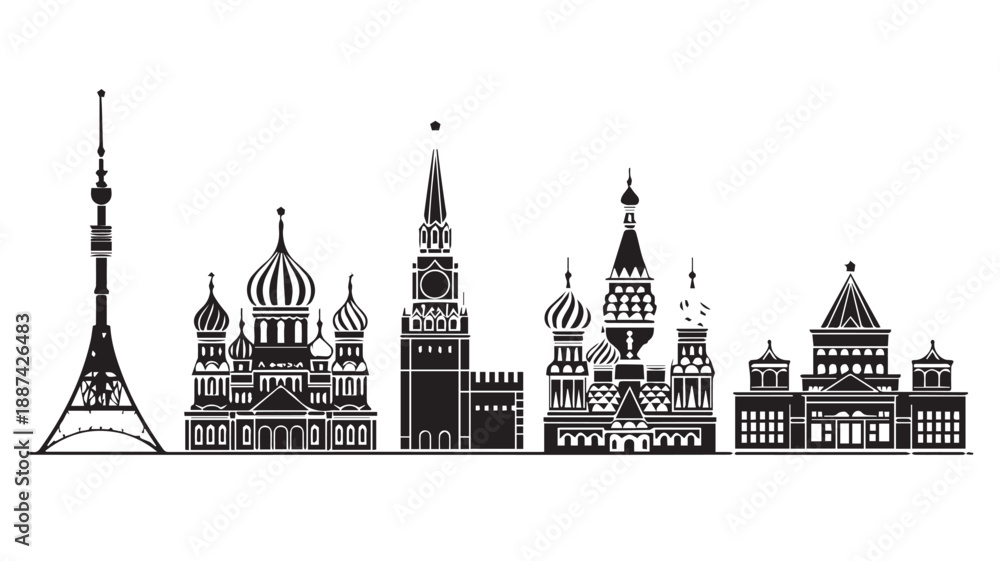 Naklejka premium A striking black and white silhouette illustration capturing the iconic skyline of a major Russian city with its famous landmarks
