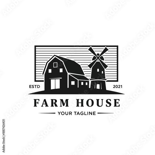 Vintage-style Farm House and Windmill Silhouette Logo Illustration for Rural Agricultural Business