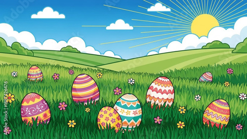 Colorful Easter Eggs in Green Meadow on Sunny Day