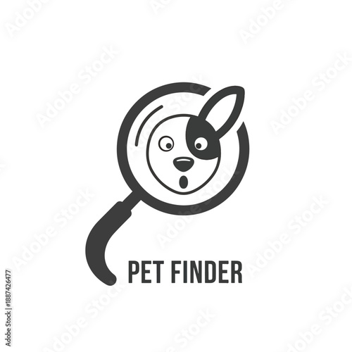 Conceptual animal search illustration featuring a dog in a magnifying glass, ideal for pet finding services.