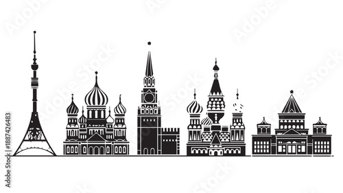 A striking black and white silhouette illustration capturing the iconic skyline of a major Russian city with its famous landmarks
