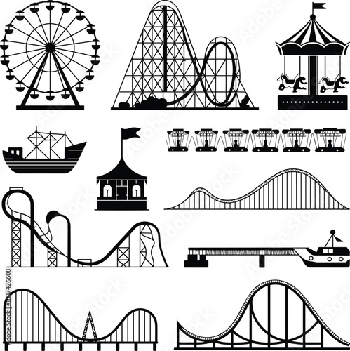 Amusement park rides silhouette icon set featuring roller coasters ferris wheel carousel boat ride and fair attractions isolated vector illustration collection