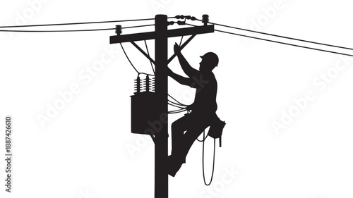 Electrician working on a utility pole, high voltage equipment, power line maintenance illustration