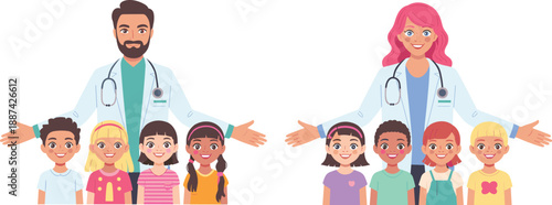 Male and female pediatric doctors with diverse children characters, healthcare teamwork concept, isolated white background, friendly medical 3d illustration