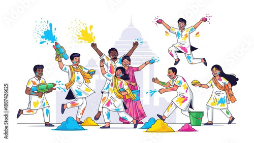 Happy People Celebrating Holi Festival with Colorful Powder, India, Illustration