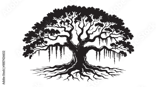 A detailed black and white illustration of a majestic banyan tree with sprawling roots and hanging vines, evoking a sense of ancient wisdom and natural grandeur, perfect for symbolic representation