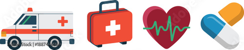 Medical healthcare icons set with ambulance, first aid kit, heart monitor, medicine capsule, isolated white background, flat vector illustration