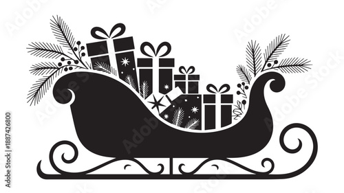 Black and white vector illustration of a classic holiday sleigh overflowing with beautifully wrapped gifts and evergreen branches, embodying festive spirit and winter joy