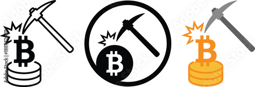 Bitcoin mining concept illustration showing pickaxe striking bitcoin coin stacks, cryptocurrency mining icons, blockchain technology, digital currency extraction, fintech investment symbols,