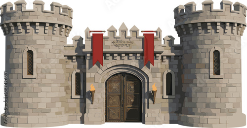 Medieval stone castle fortress with towers, banners, wooden gate, isolated white background, historic royal architecture, detailed realistic 3d render