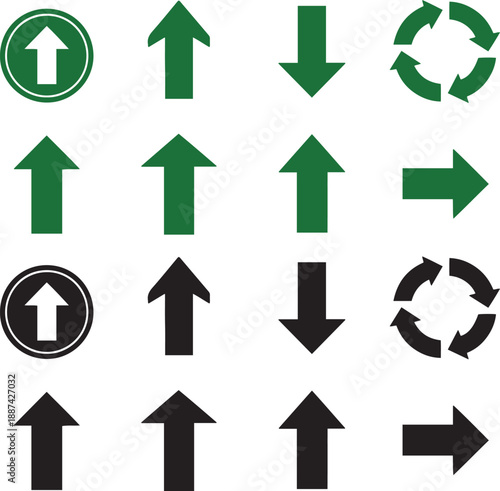 Collection of green and black arrow pointing up down right and circular arrows direction