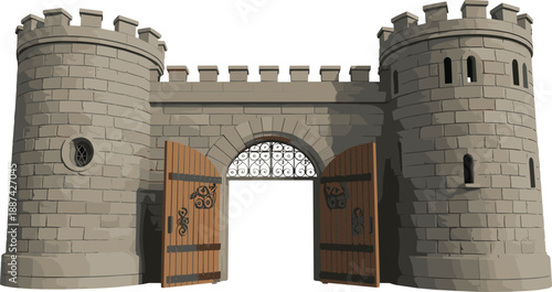 Medieval stone castle gate with towers, open wooden doors, isolated white background, historic fortress architecture, detailed realistic 3d render illustration