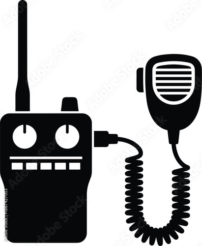 Black silhouette walkie talkie radio with handheld microphone isolated on white background, communication equipment icon symbol for security, police, emergency, military, and broadcast 