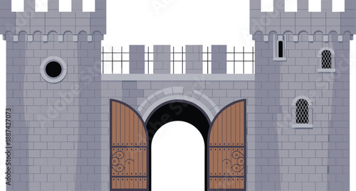 Medieval stone castle gate with towers, open wooden doors, isolated white background, historic fortress architecture, detailed realistic 3d render illustration