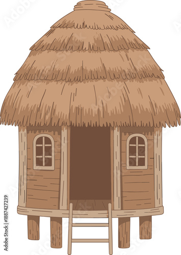 Rustic wooden hut on stilts with thatched roof, isolated white background, traditional village architecture, detailed realistic 3d render illustration design
