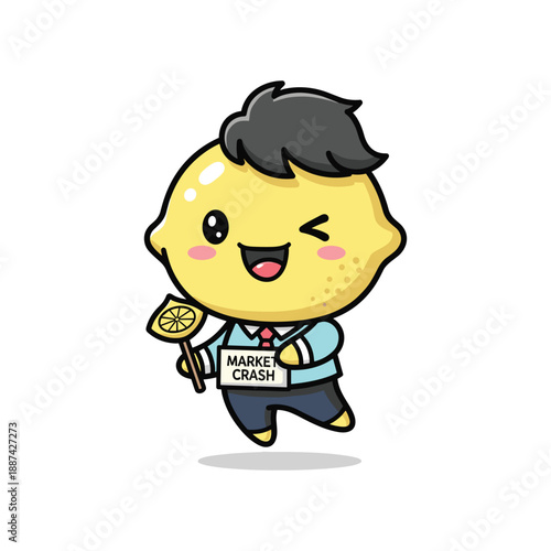 Cartoon lemon character running with market crash sign